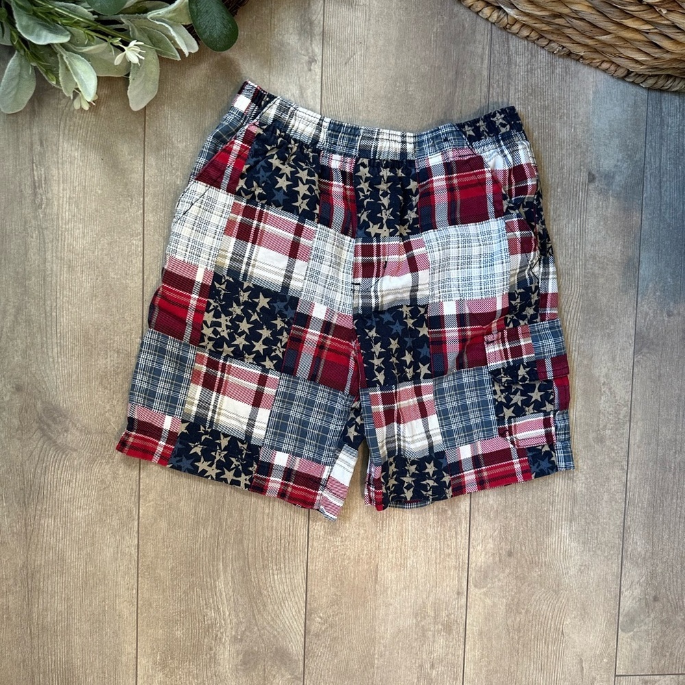 Vintage 90s Boys Patchwork Patriotic Shorts Plaid Red white Blue Stars